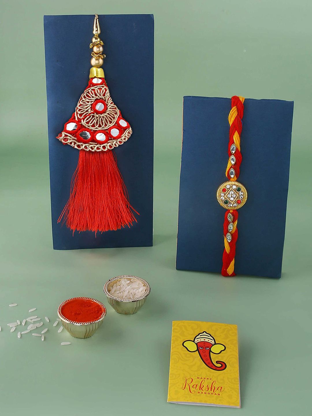 

CraftVatika Beaded Bhaiya Bhabhi Rakhis With Greeting Card, Gold