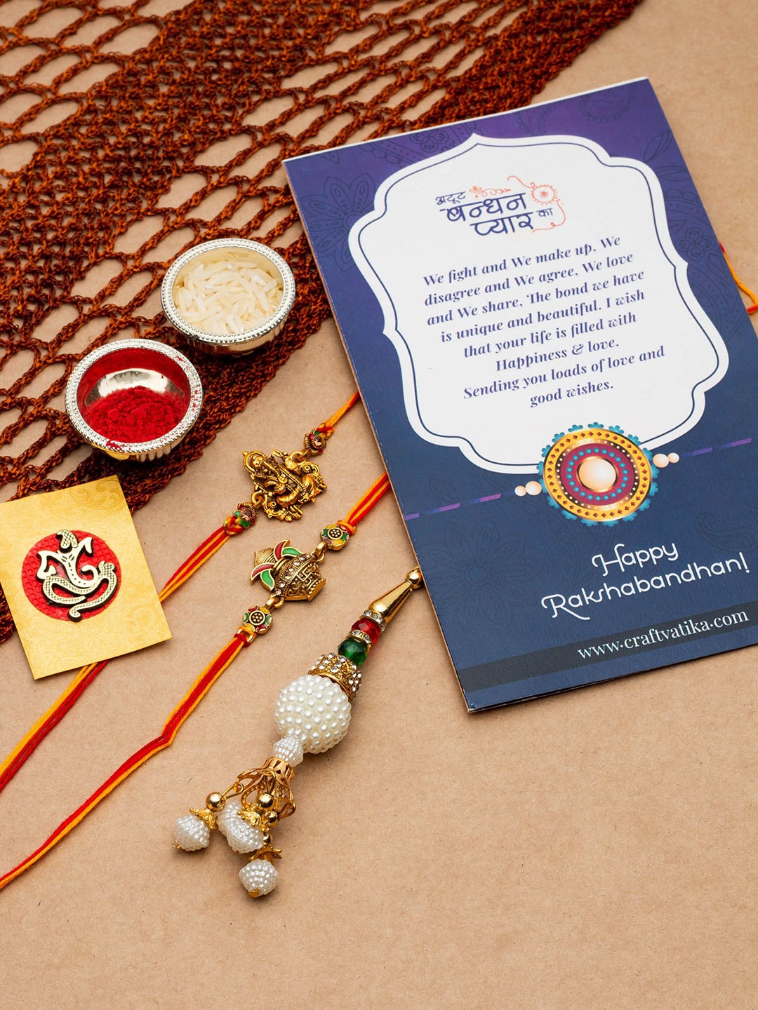

CraftVatika Set Of 3 Beaded Rakhis With Greeting Card, Red