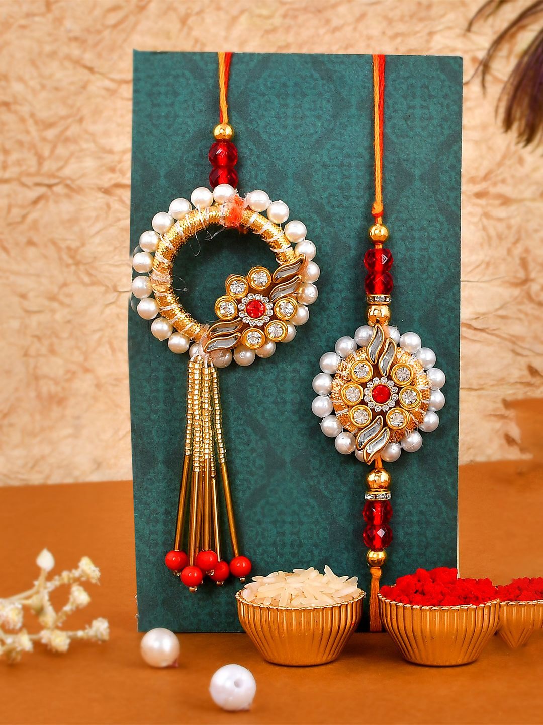 

CraftVatika Set Of 2 Beaded & Stone Studded Rakhis With Greeting Card, Red