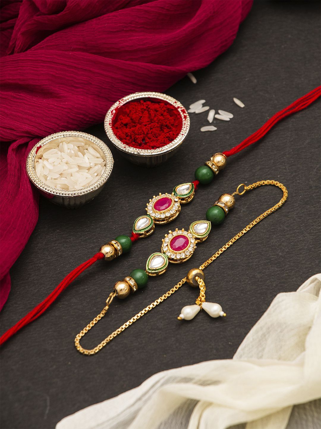 

CraftVatika Set Of 2 Stone Studded Beaded Rakhis With Greeting Card, Red