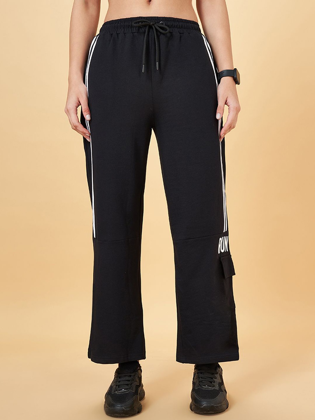 

Ajile by Pantaloons Women Striped Mid-Rise Cotton Track Pants, Black