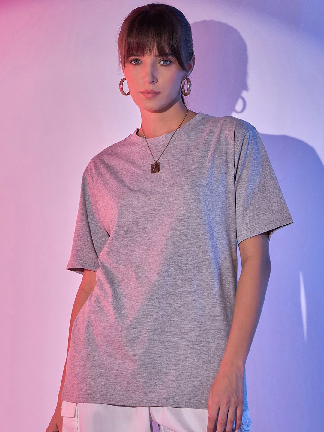 

BUY NEW TREND Women Round Neck Solid Oversized T-shirt, Grey