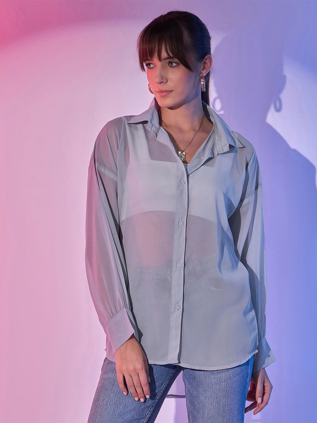 

BUY NEW TREND Women Comfort Sheer Casual Oversized Shirt, Grey