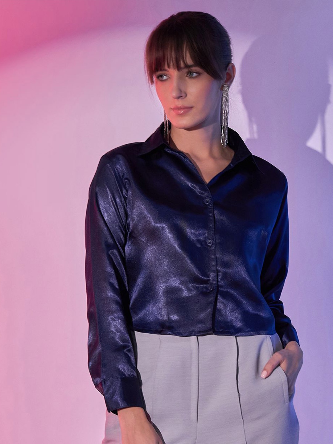 

BUY NEW TREND Women Comfort Boxy Faded Opaque Casual Shirt, Navy blue