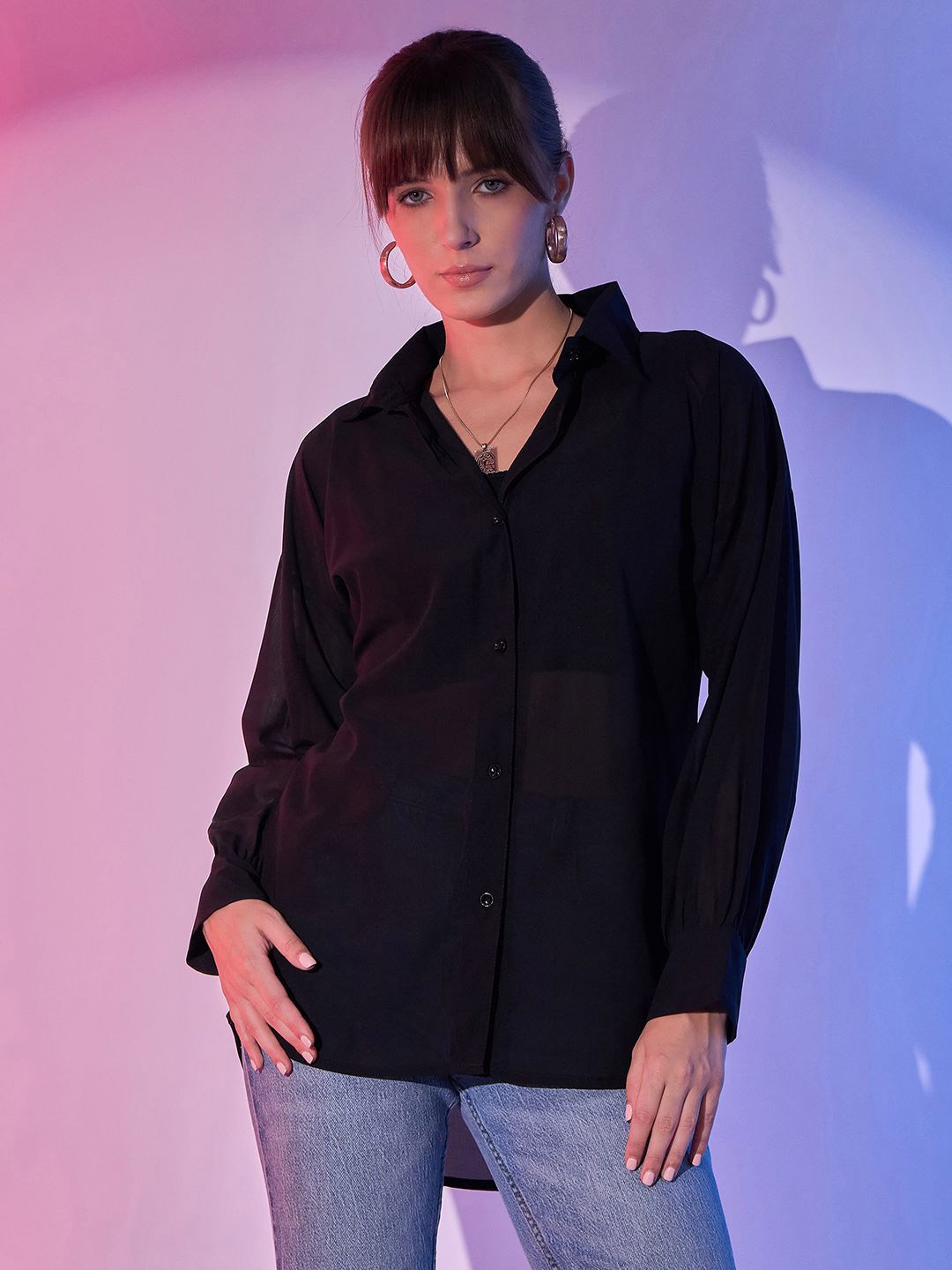 

BUY NEW TREND Women Comfort Sheer Casual Oversized Shirt, Black