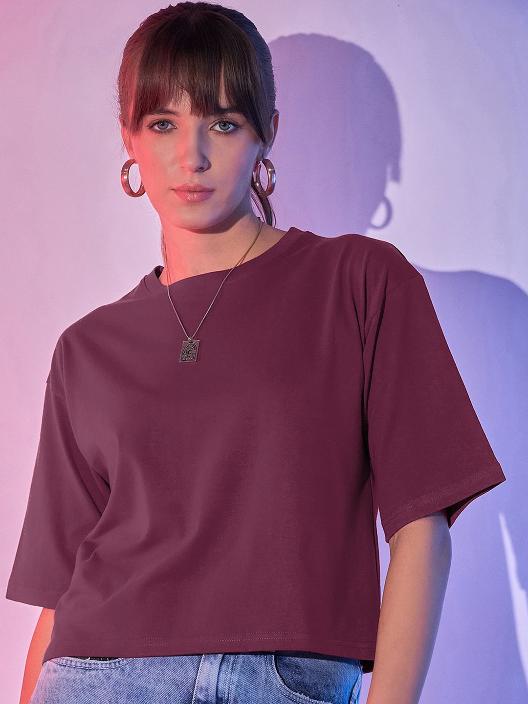 

BUY NEW TREND Women Round Neck Solid T-shirt, Burgundy