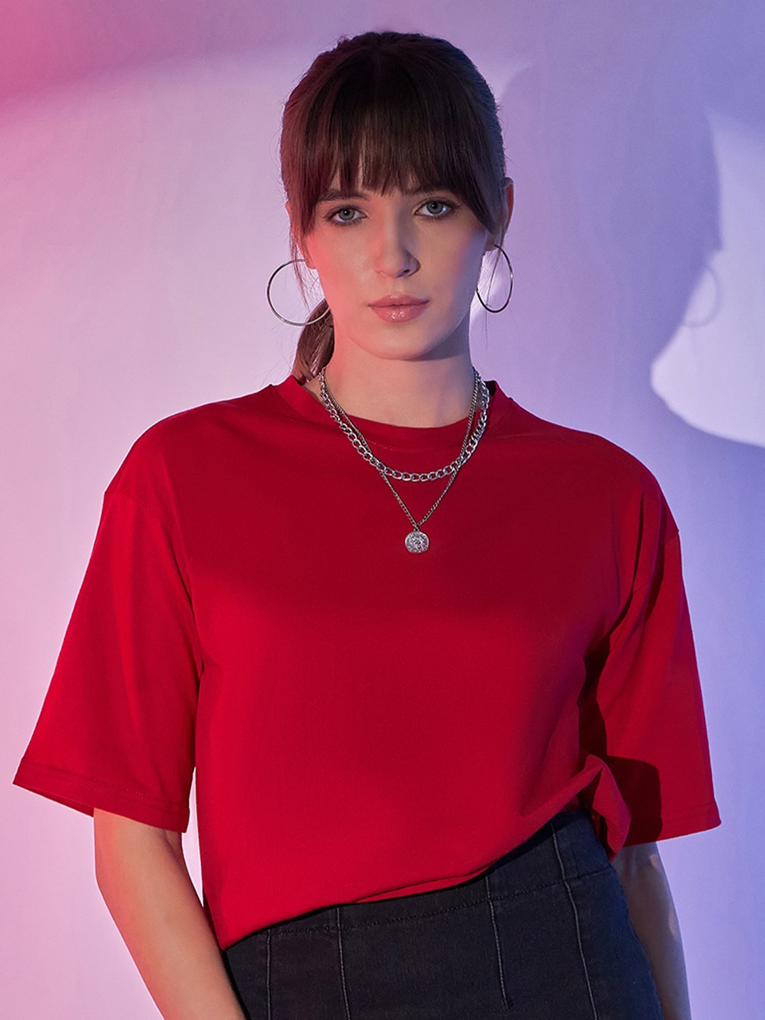 

BUY NEW TREND Women Round Neck Solid T-shirt, Red