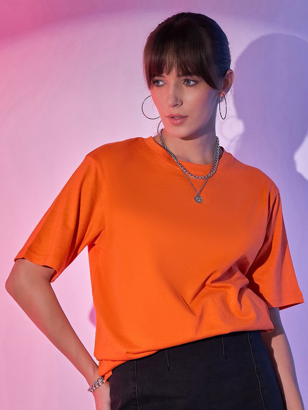 

BUY NEW TREND Women Round Neck Solid Oversized T-shirt, Orange