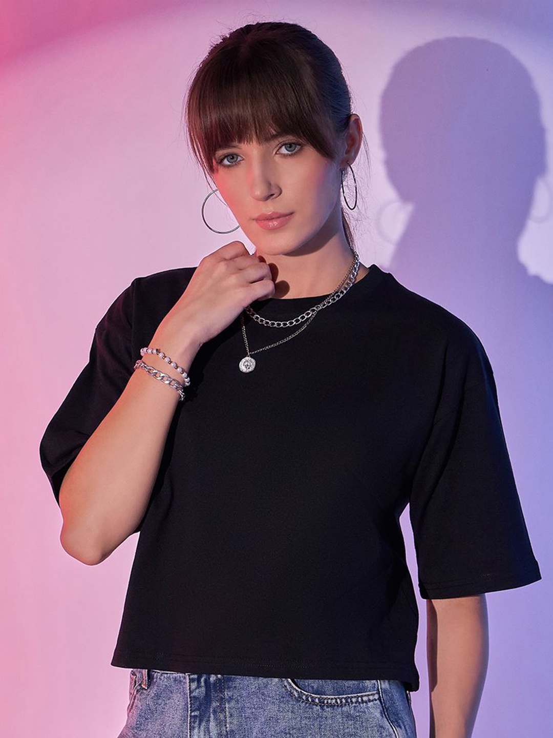 

BUY NEW TREND Women Solid Round Neck Boxy Crop T-shirt, Black