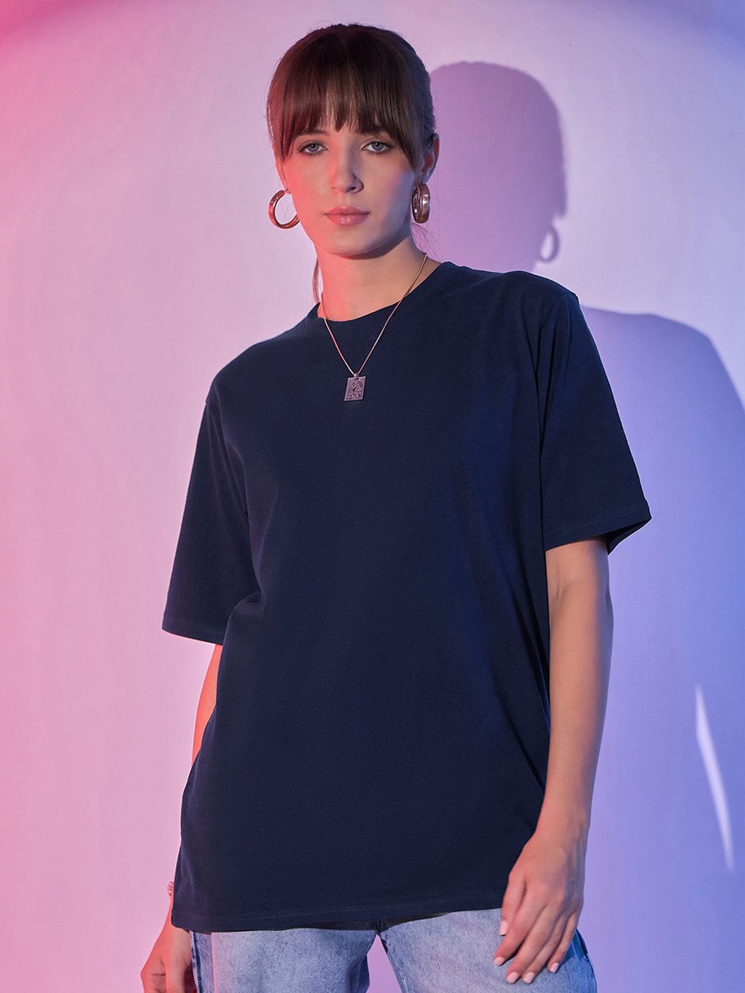 

BUY NEW TREND Women Solid Round Neck Oversized T-shirt, Navy blue