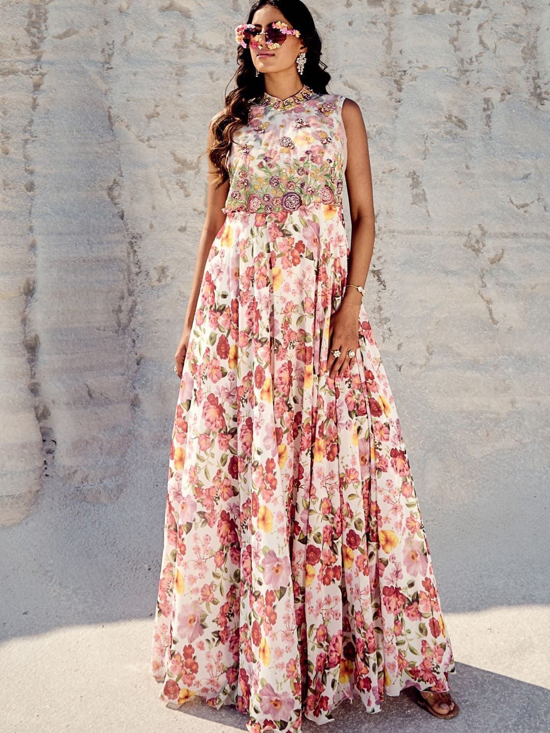 

Nikita Vishakha Floral Print Georgette Maxi Dress, Beige