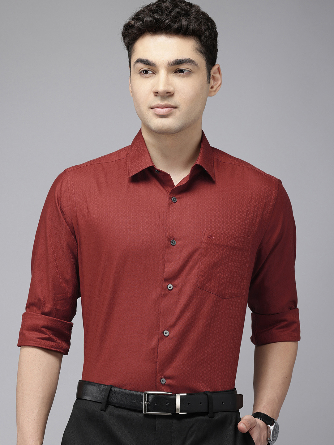 

Arrow Self Design Manhattan Slim Fit Opaque Pure Cotton Formal Shirt, Rust
