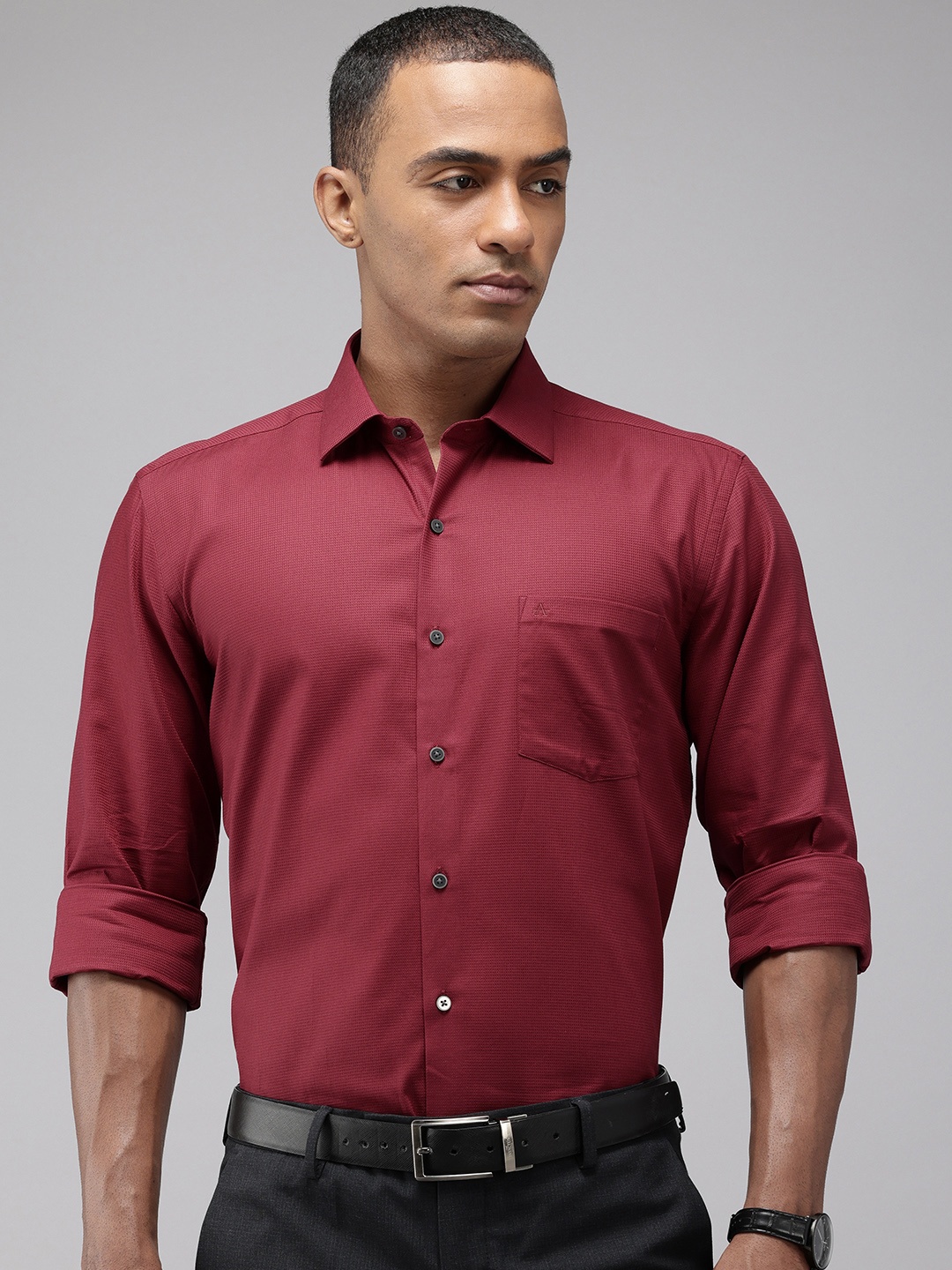 

Arrow Self Design Manhattan Slim Fit Opaque Pure Cotton Formal Shirt, Red