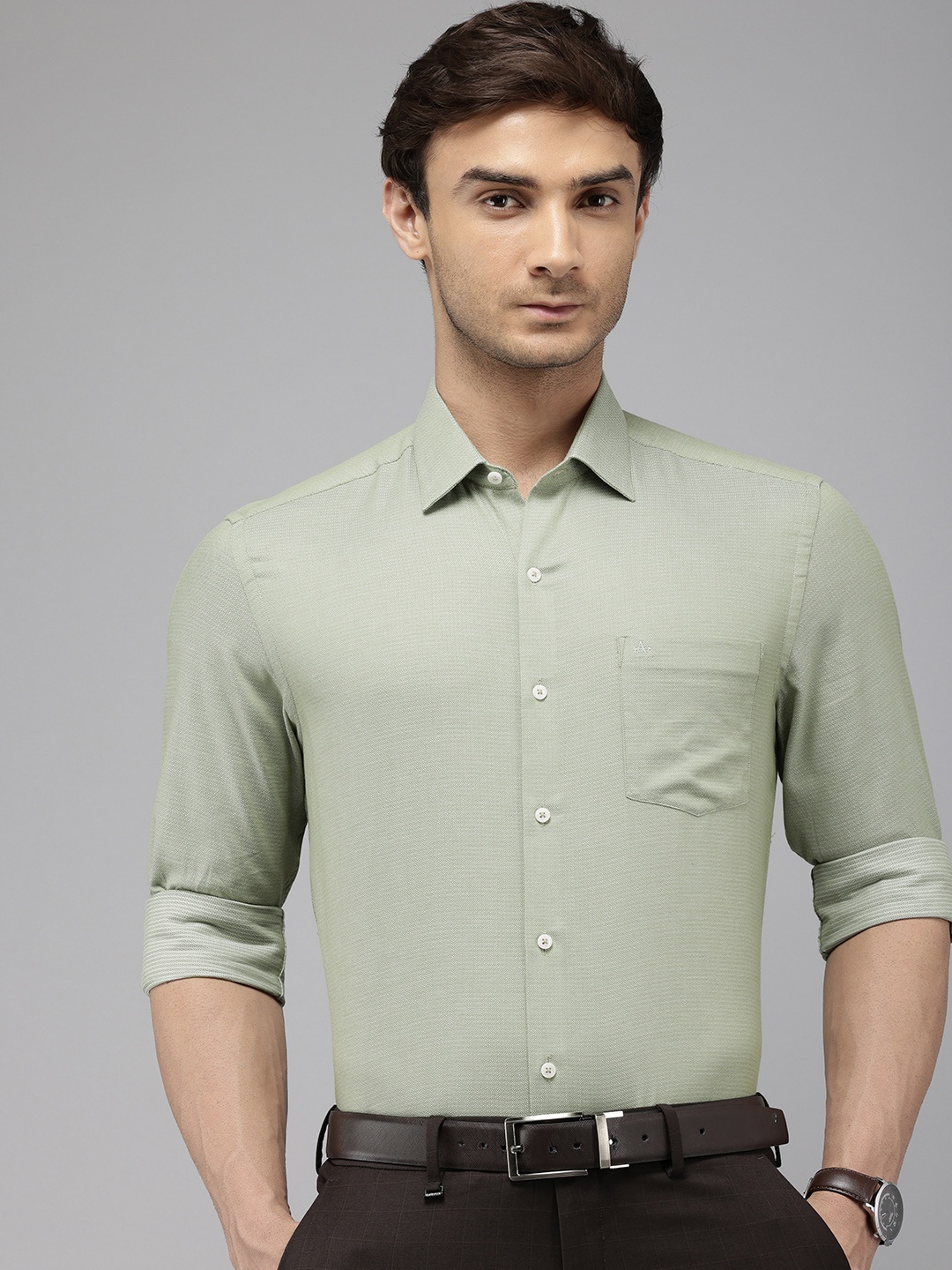 

Arrow Manhattan Slim Fit Textured Self Design Pure Cotton Formal Shirt, Green