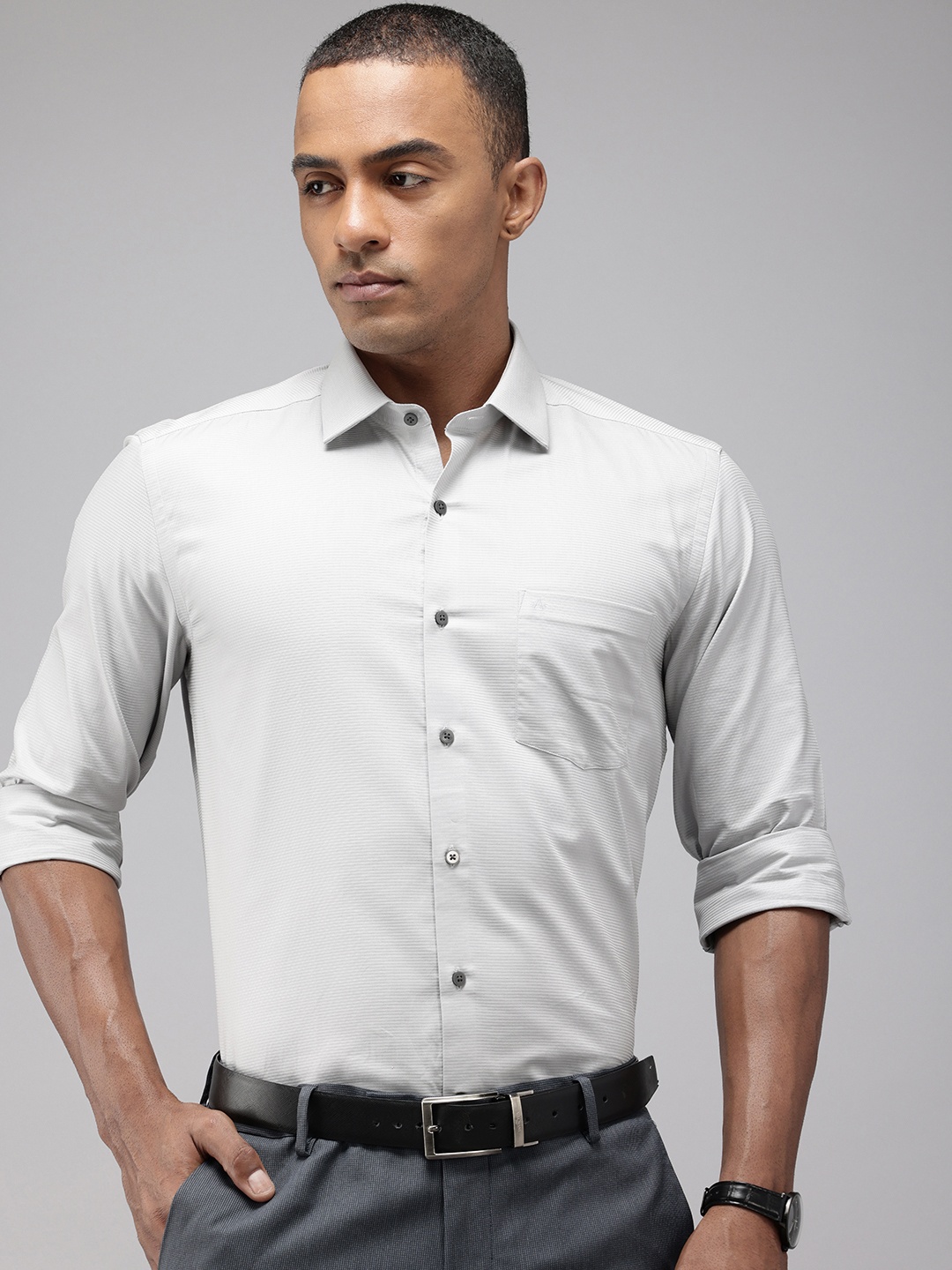 

Arrow Horizontal Self Striped Manhattan Slim Fit Opaque Pure Cotton Formal Shirt, Grey