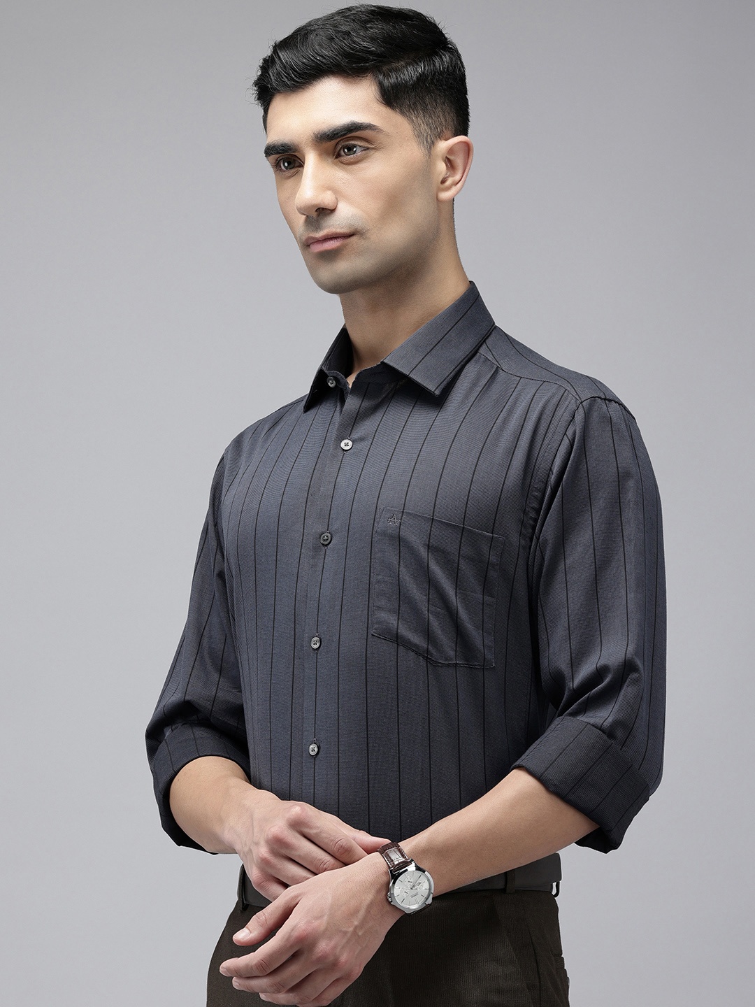 

Arrow Manhattan Slim Fit Self Striped Pure Cotton Formal Shirt, Grey