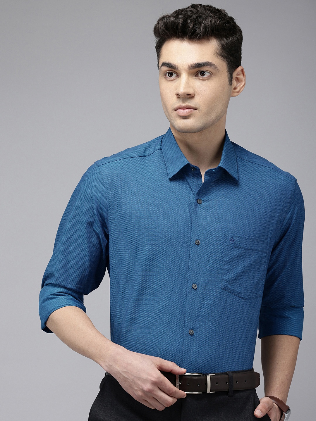 

Arrow Manhattan Slim Fit Textured Self Design Pure Cotton Formal Shirt, Blue