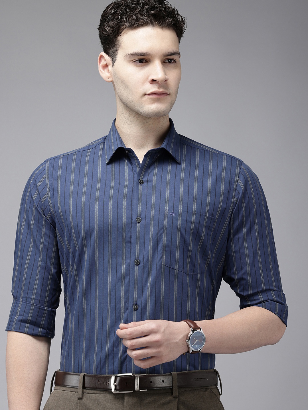 

Arrow Manhattan Slim Fit Striped Pure Cotton Formal Shirt, Navy blue