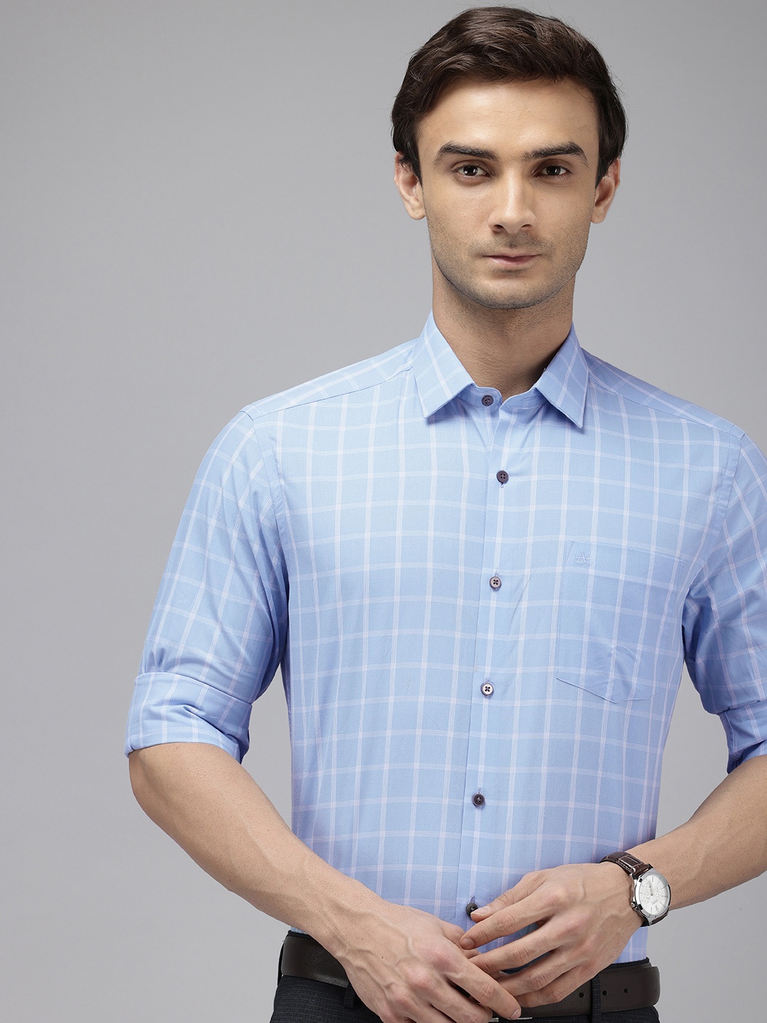 

Arrow Manhattan Slim Fit Checked Pure Cotton Formal Shirt, Blue
