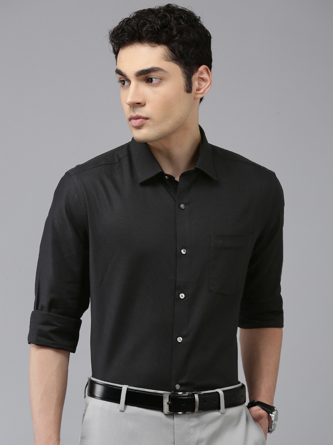 

Arrow Manhattan Slim Fit Textured Self Design Pure Cotton Formal Shirt, Black