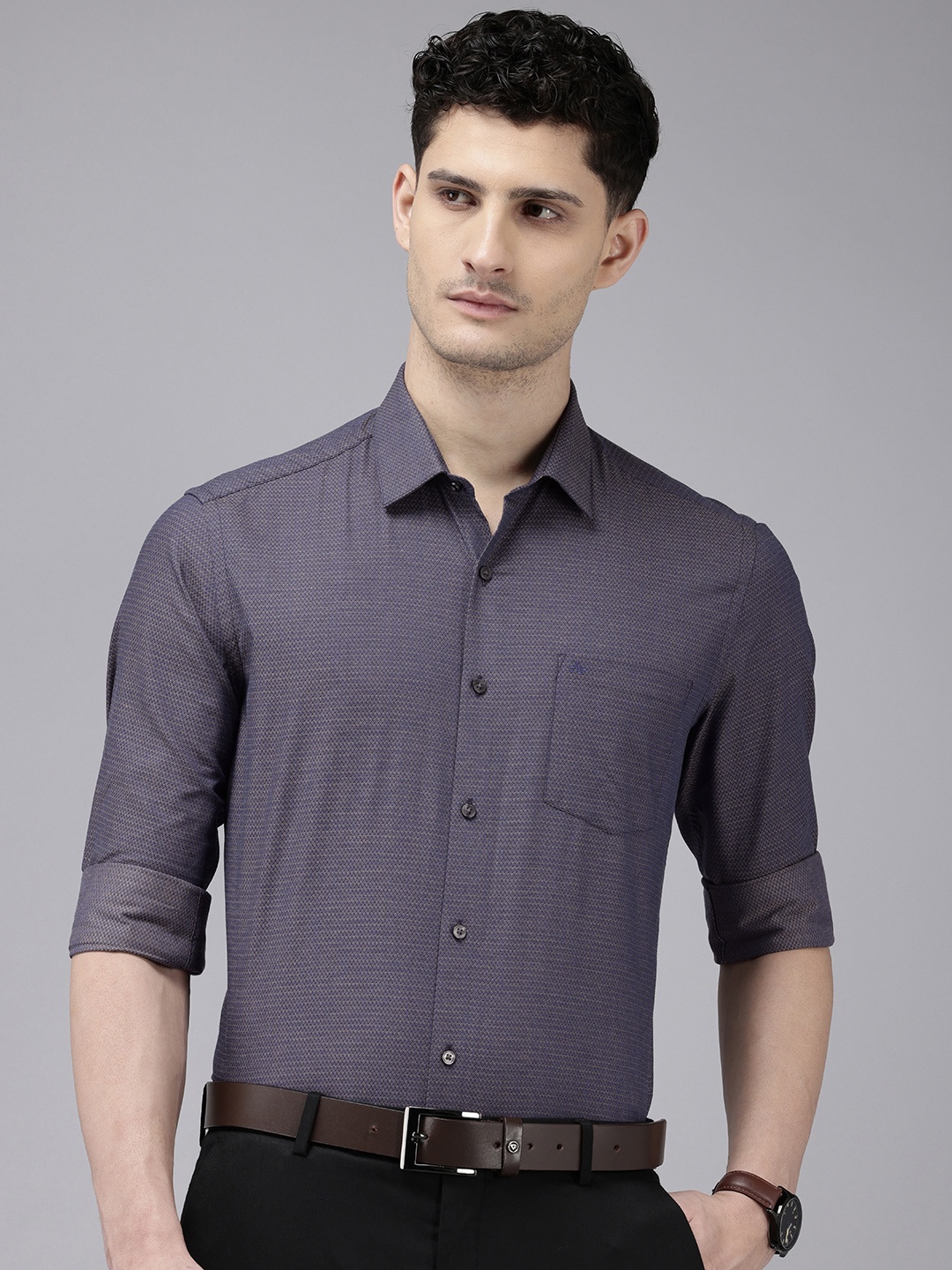 

Arrow Pure Cotton Self Design Textured Dual Toned Manhattan Slim Fit Opaque Formal Shirt, Purple