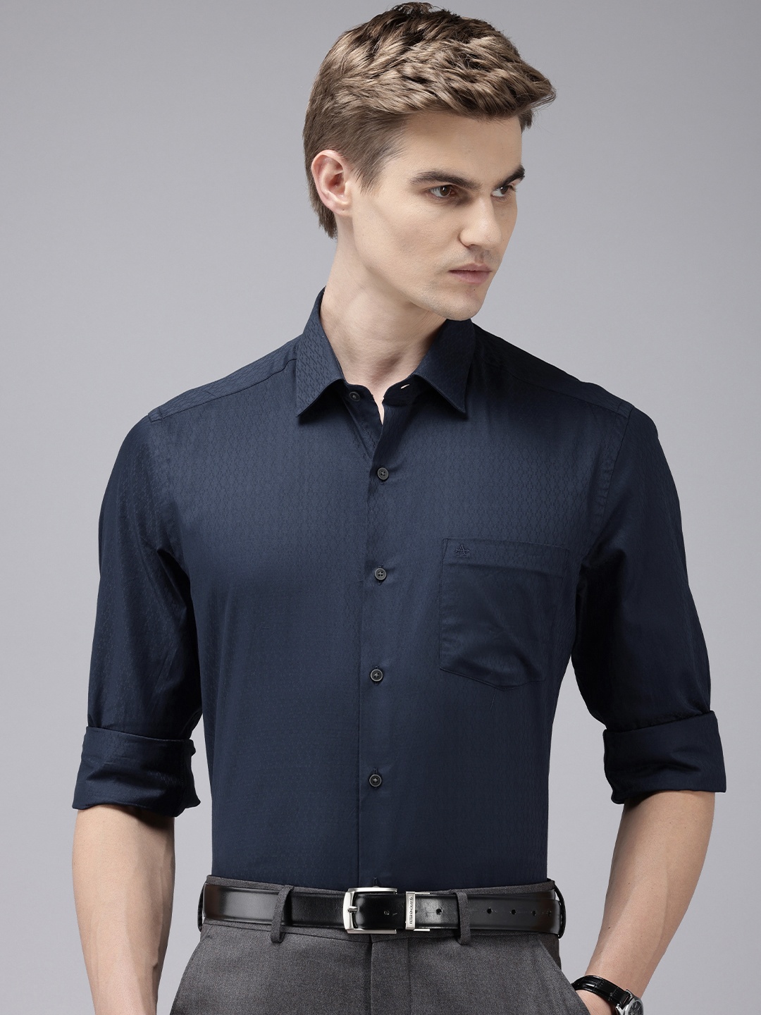 

Arrow Pure Cotton Self Design Textured Manhattan Slim Fit Opaque Formal Shirt, Navy blue