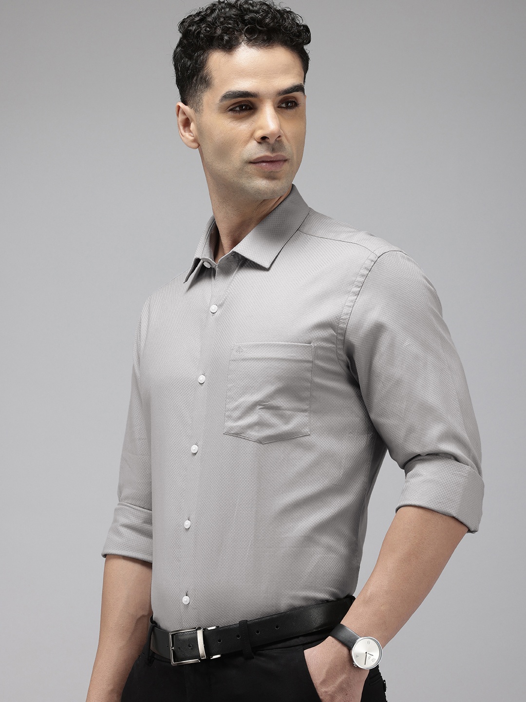 

Arrow Pure Cotton Manhattan Slim Fit Self Design Textured Formal Shirt, Grey