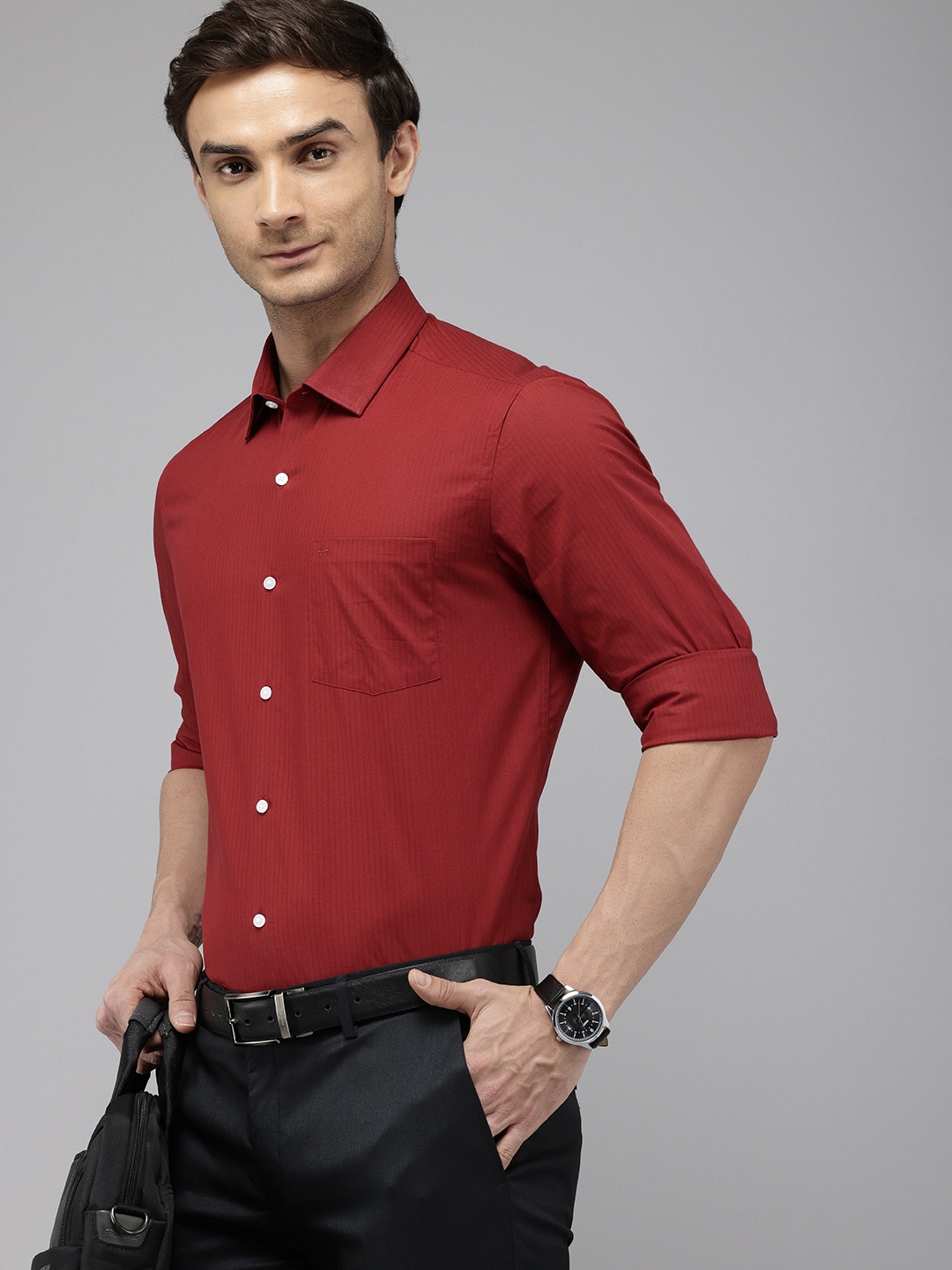 

Arrow Pure Cotton Manhattan Slim Fit Opaque Striped Formal Shirt, Maroon