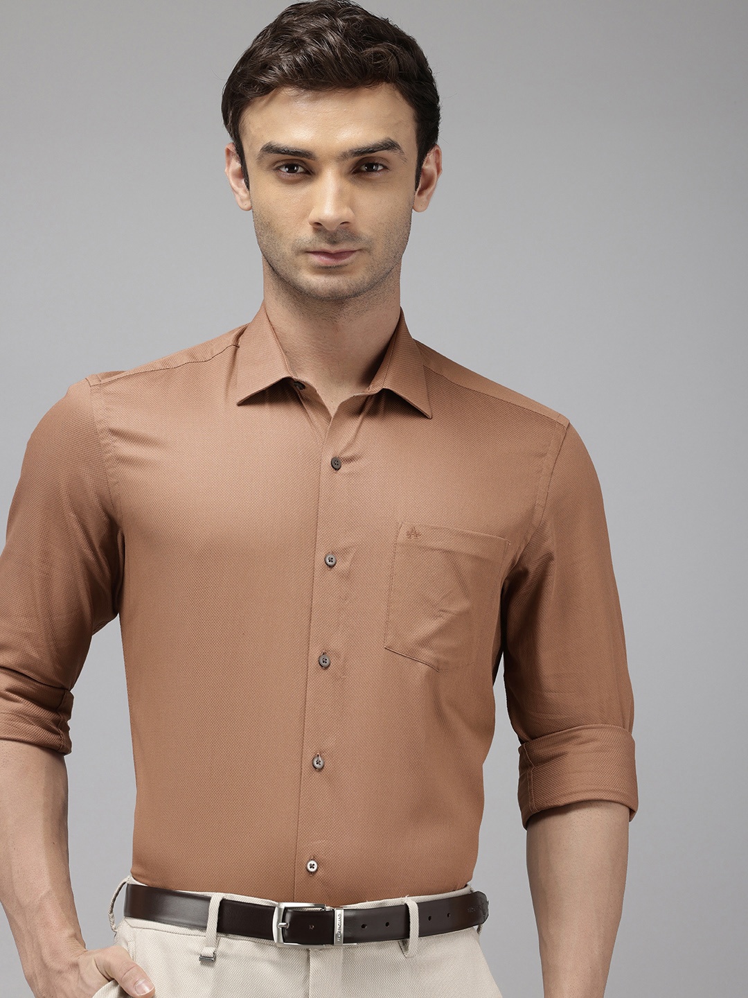 

Arrow Pure Cotton Self Design Textured Manhattan Slim Fit Opaque Formal Shirt, Brown