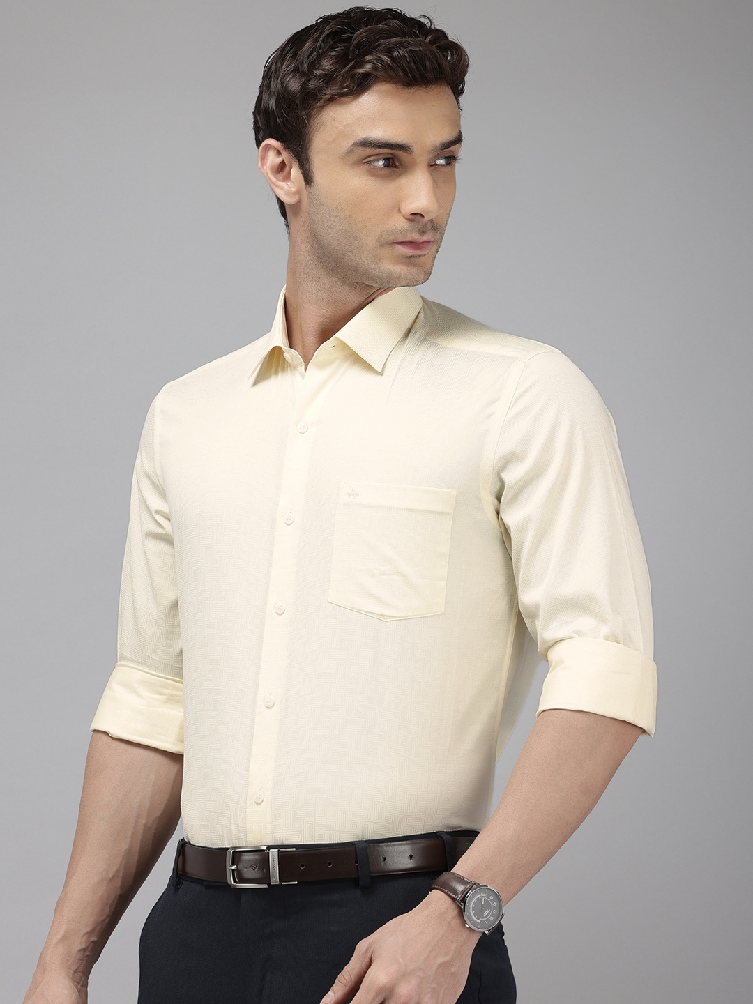 

Arrow Pure Cotton Self Design Textured Manhattan Slim Fit Opaque Formal Shirt, Yellow