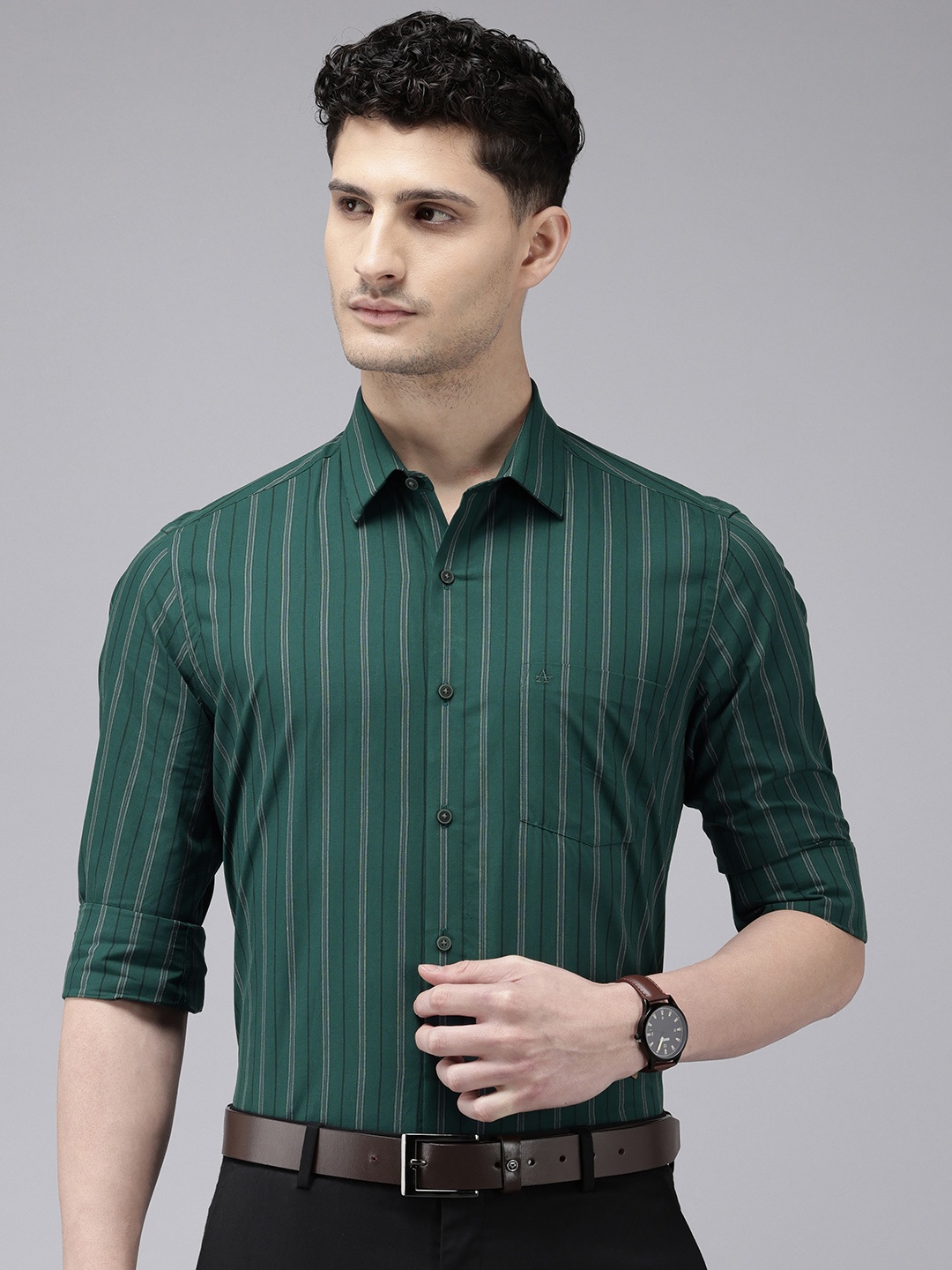 

Arrow Manhattan Slim Fit Striped Cutaway Collar Pure Cotton Formal Shirt, Green