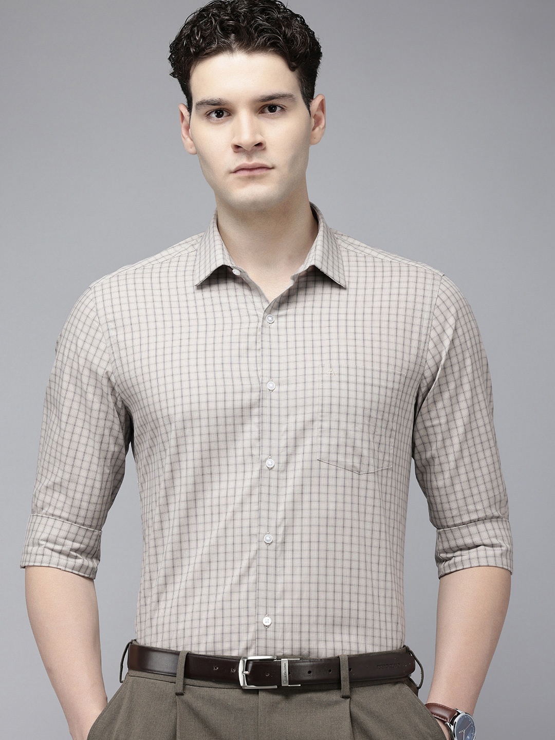 

Arrow Manhattan Slim Fit Opaque Checked Pure Cotton Formal Shirt, Grey