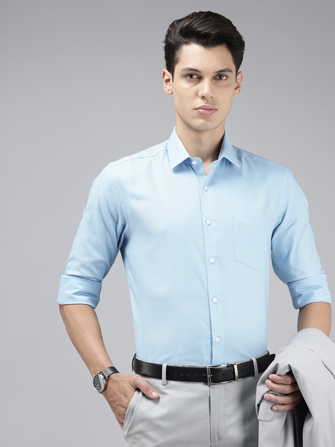 

Arrow Pure Cotton Manhattan Slim Fit Self Design Textured Formal Shirt, Blue