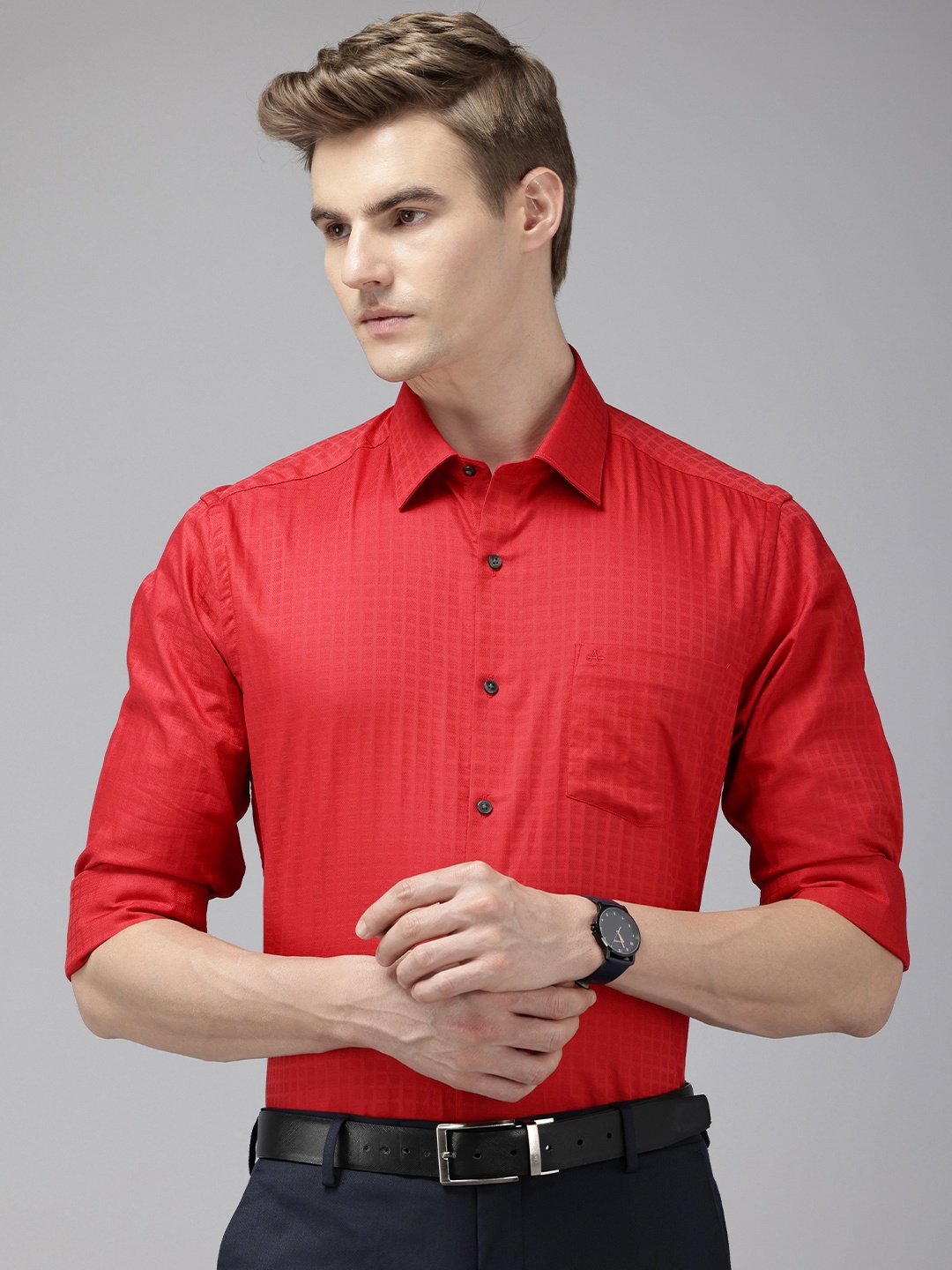 

Arrow Manhattan Slim Fit Checked Self Design Pure Cotton Formal Shirt, Red