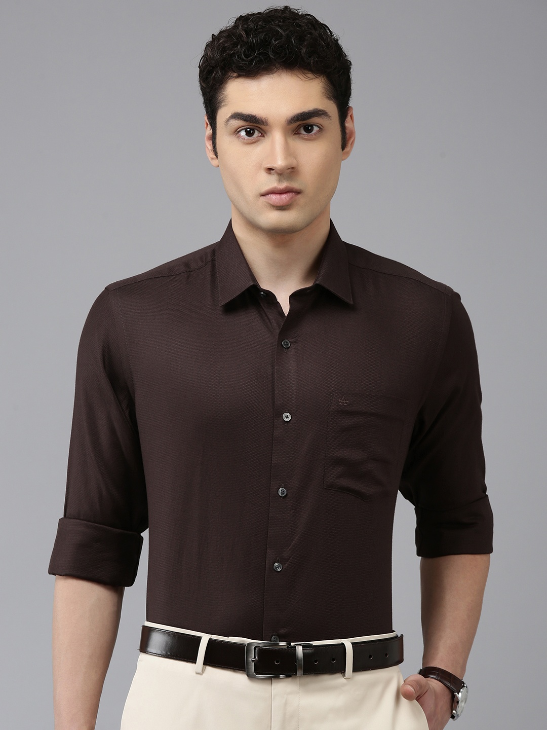

Arrow Pure Cotton Manhattan Slim Fit Self-Design Textured Formal Shirt, Burgundy