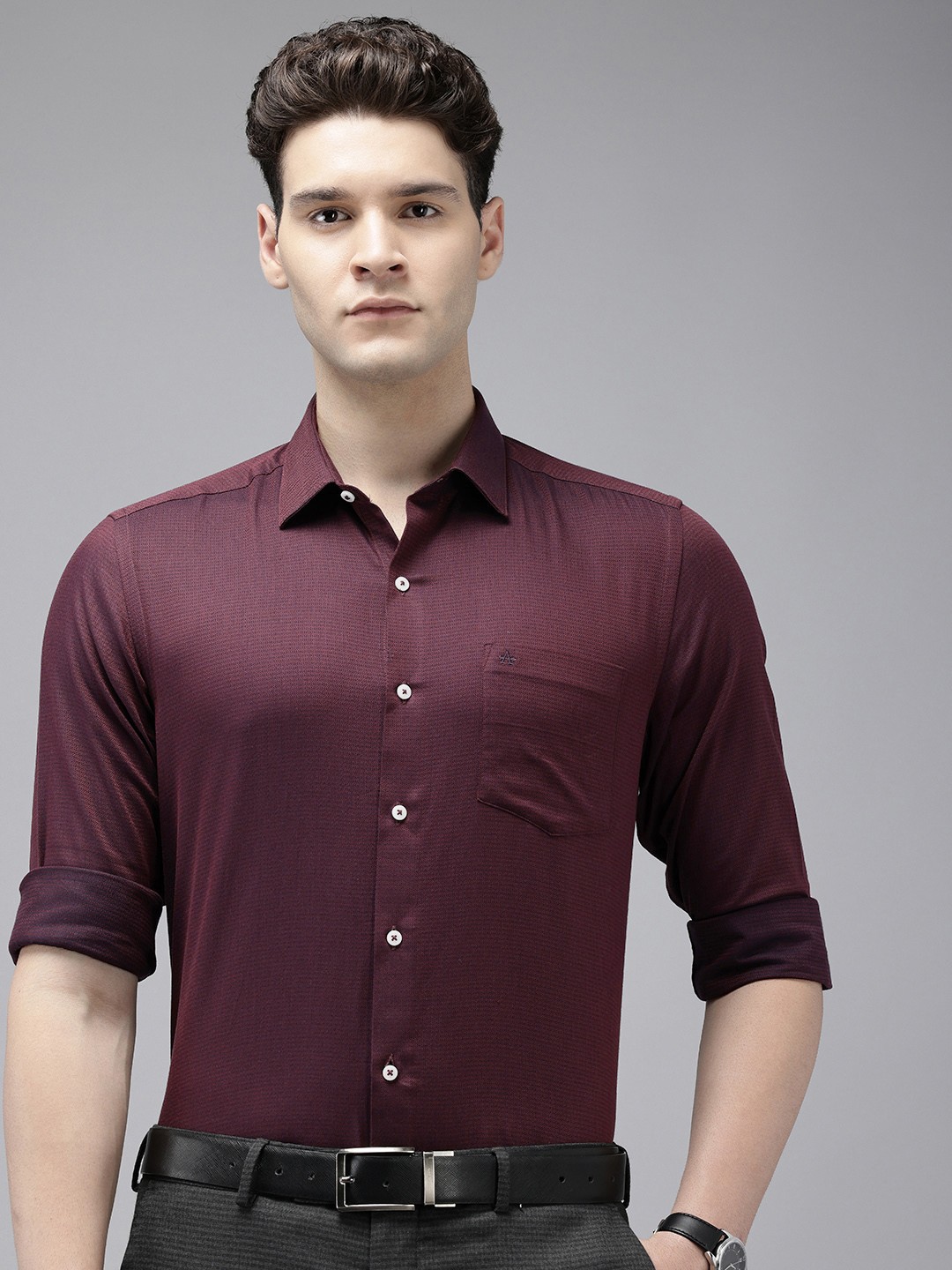 

Arrow Manhattan Slim Fit Textured Self Design Pure Cotton Formal Shirt, Burgundy