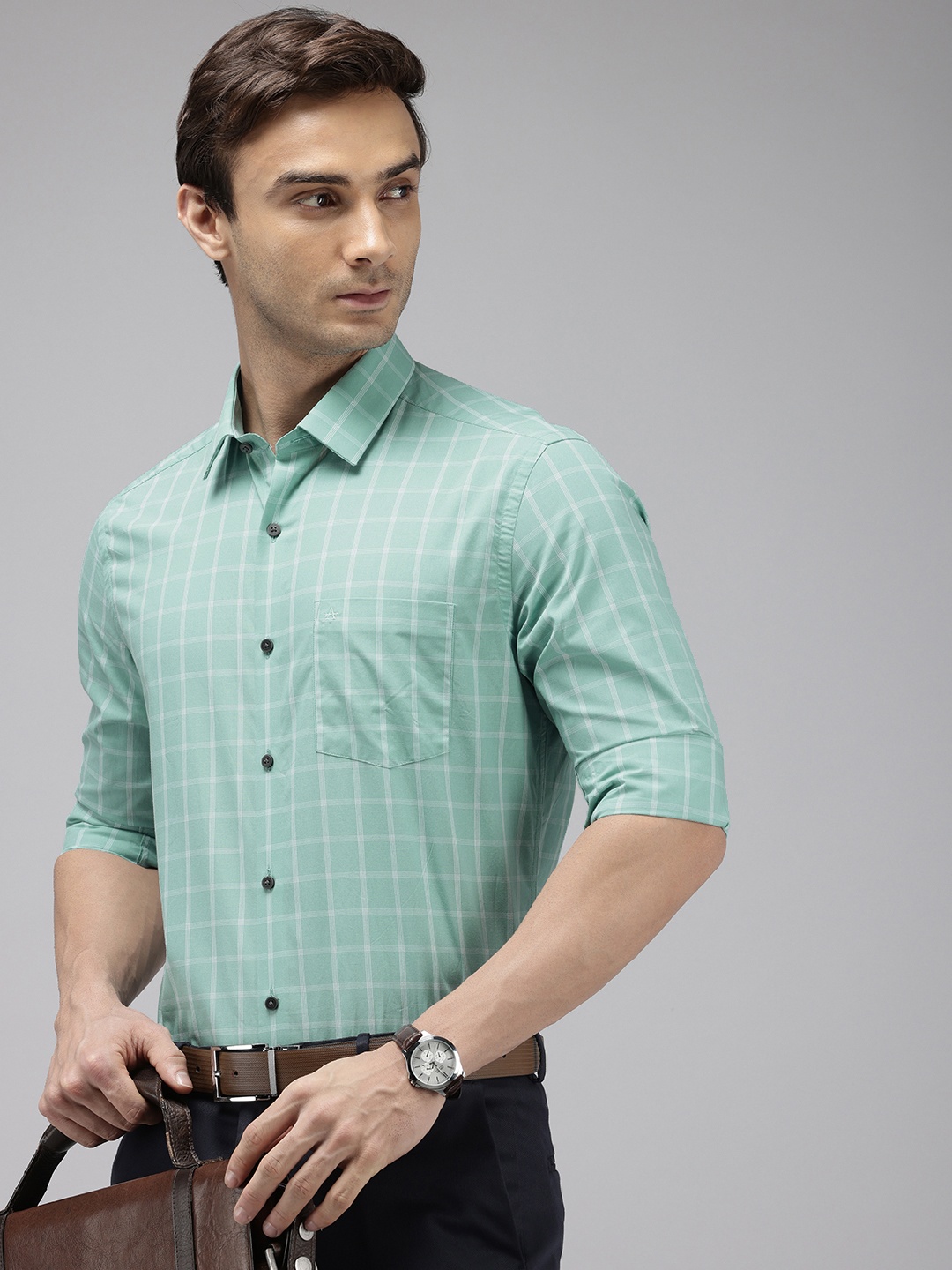 

Arrow Manhattan Slim Fit Checked Cutaway Collar Pure Cotton Formal Shirt, Green