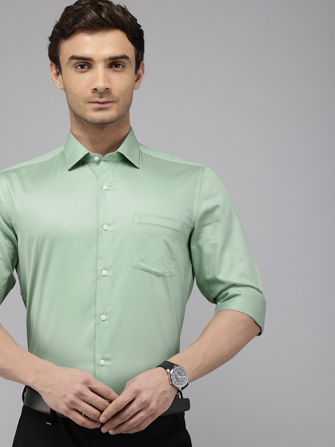 

Arrow Pure Cotton Textured Manhattan Slim Fit Opaque Formal Shirt, Green