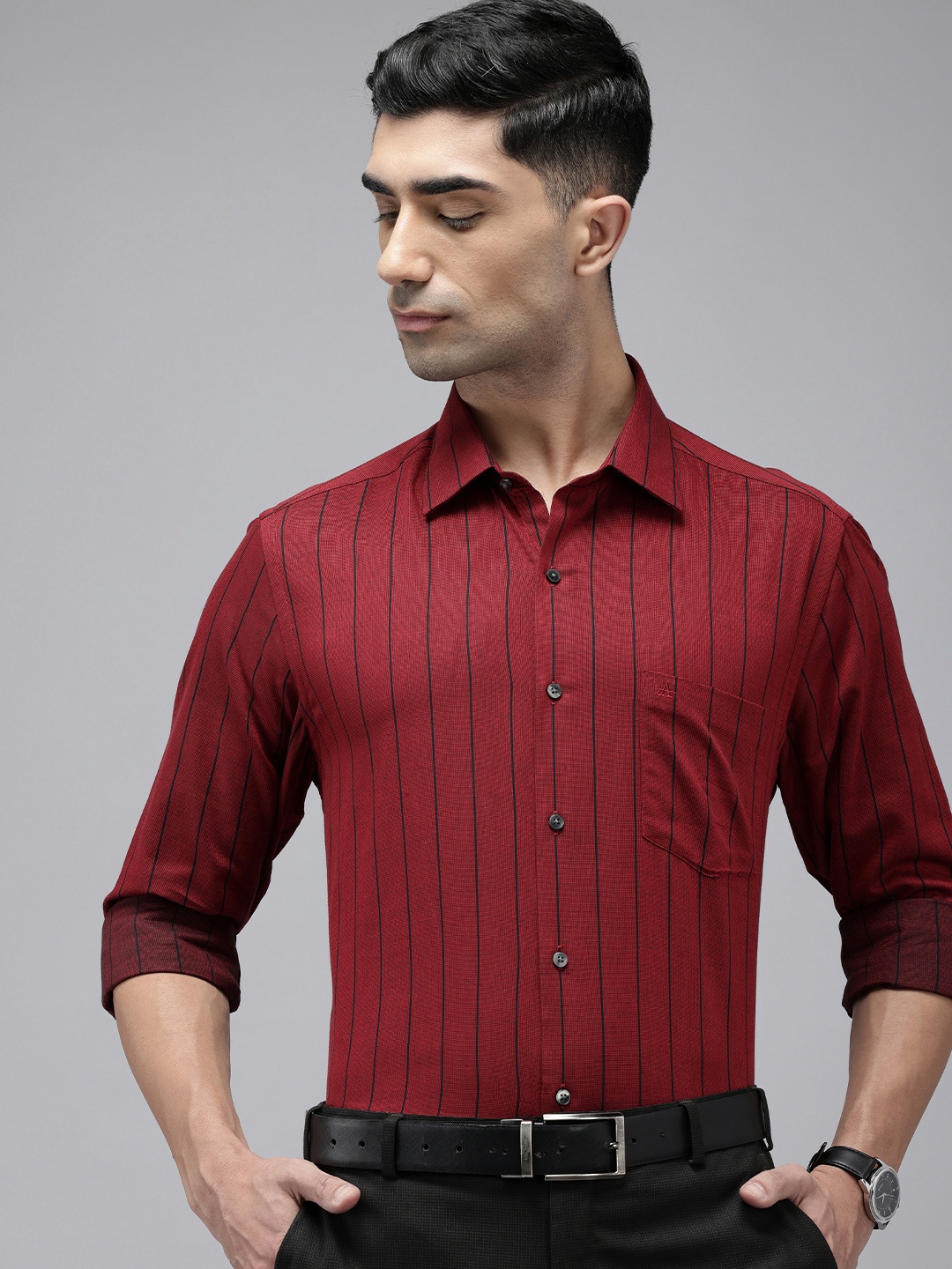

Arrow Manhattan Slim Fit Opaque Striped Pure Cotton Formal Shirt, Red