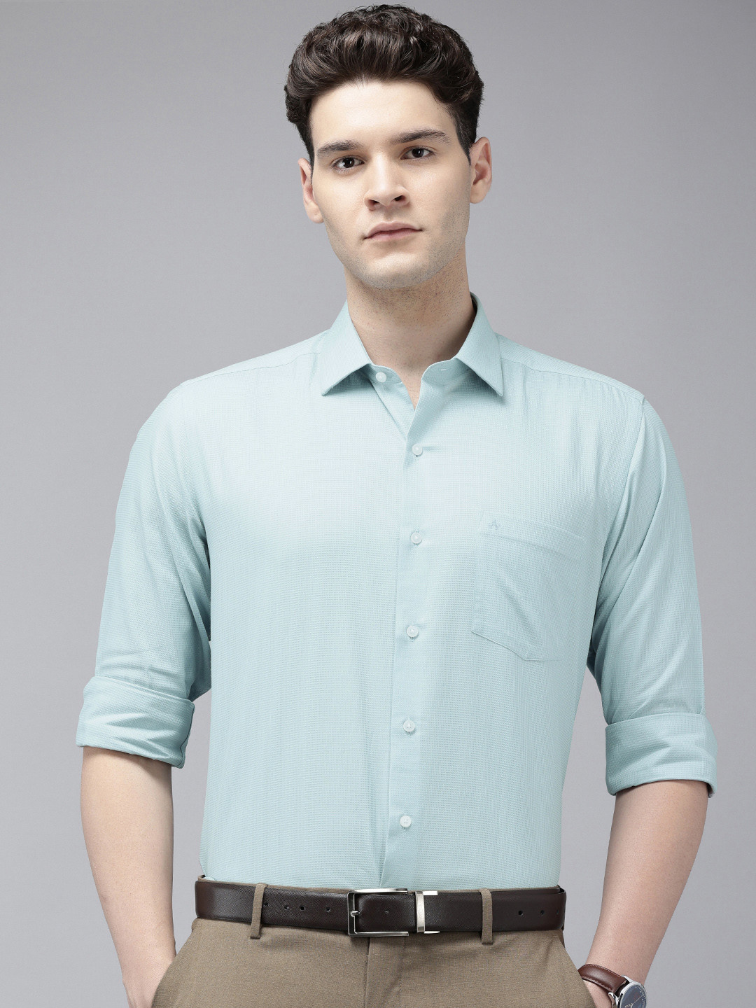 

Arrow Pure Cotton Manhattan Slim Fit Self Design Textured Formal Shirt, Blue