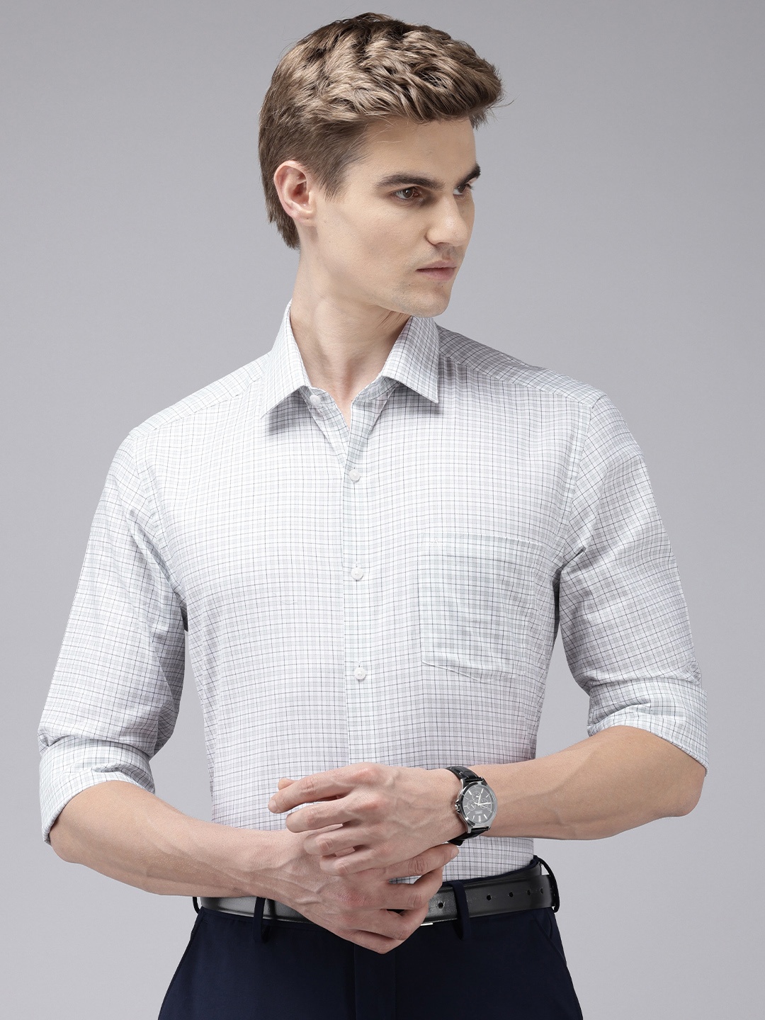 

Arrow Manhattan Slim Fit Checked Cutaway Collar Pure Cotton Formal Shirt, White