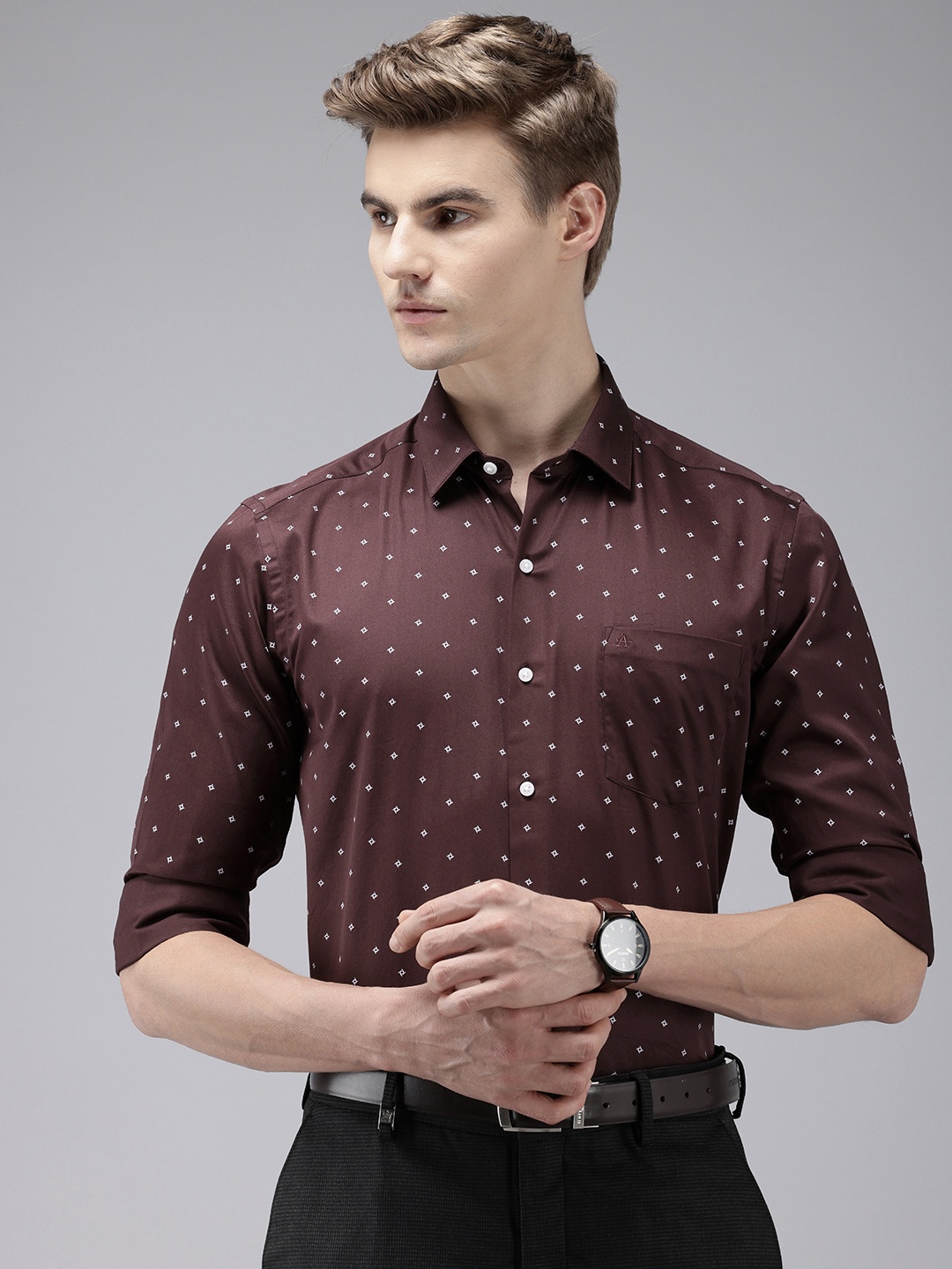 

Arrow Manhattan Slim Fit Opaque Printed Pure Cotton Formal Shirt, Brown