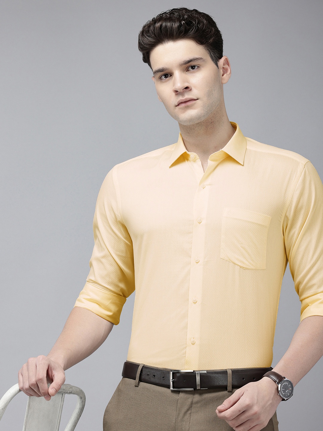 

Arrow Pure Cotton Manhattan Slim Fit Self Design Textured Formal Shirt, Yellow