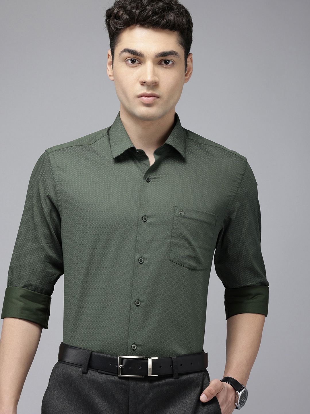 

Arrow Manhattan Slim Fit Opaque Printed Pure Cotton Formal Shirt, Green