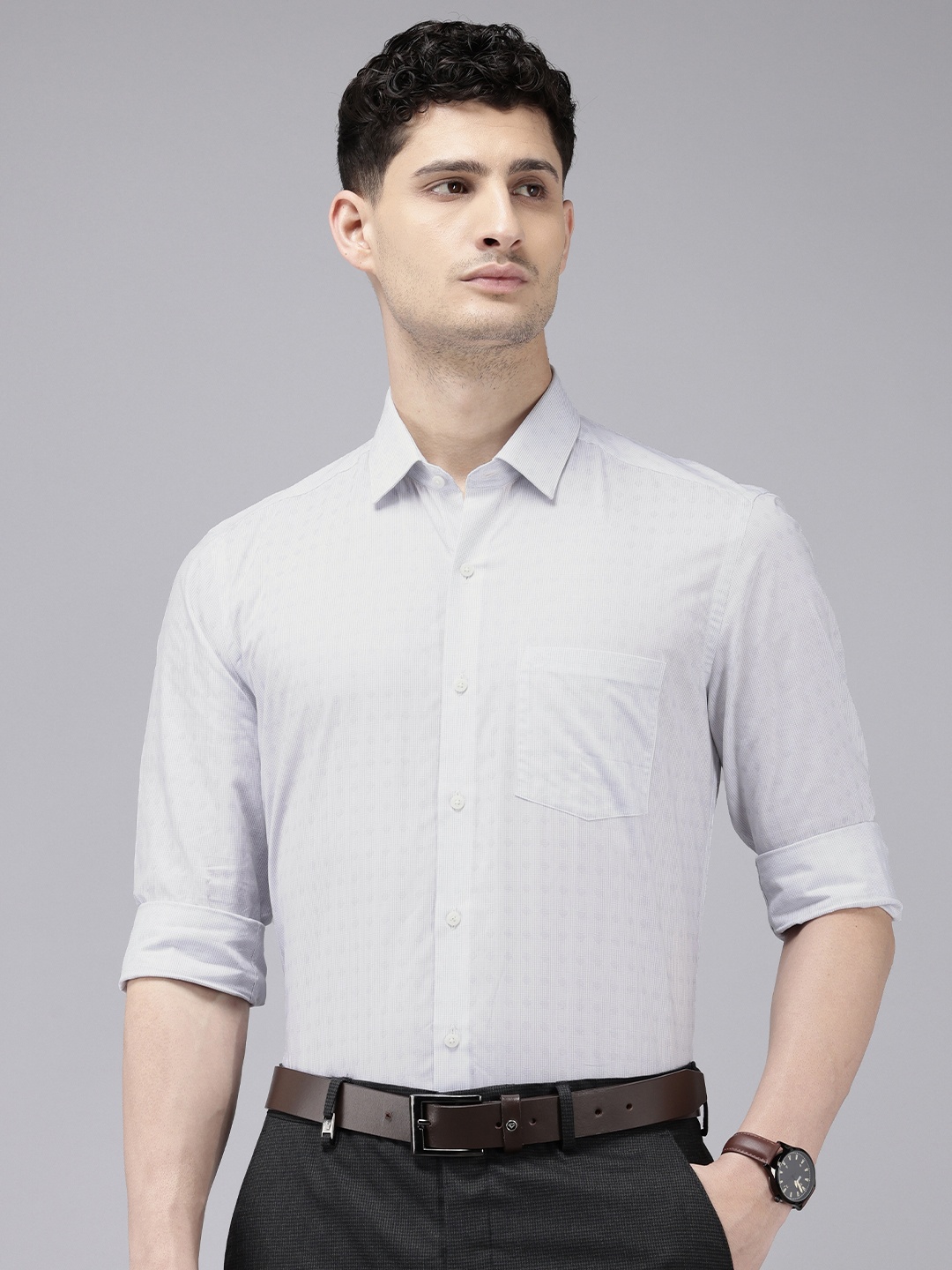 

Arrow Pure Cotton Manhattan Slim Fit Micro Checked Formal Shirt, Grey