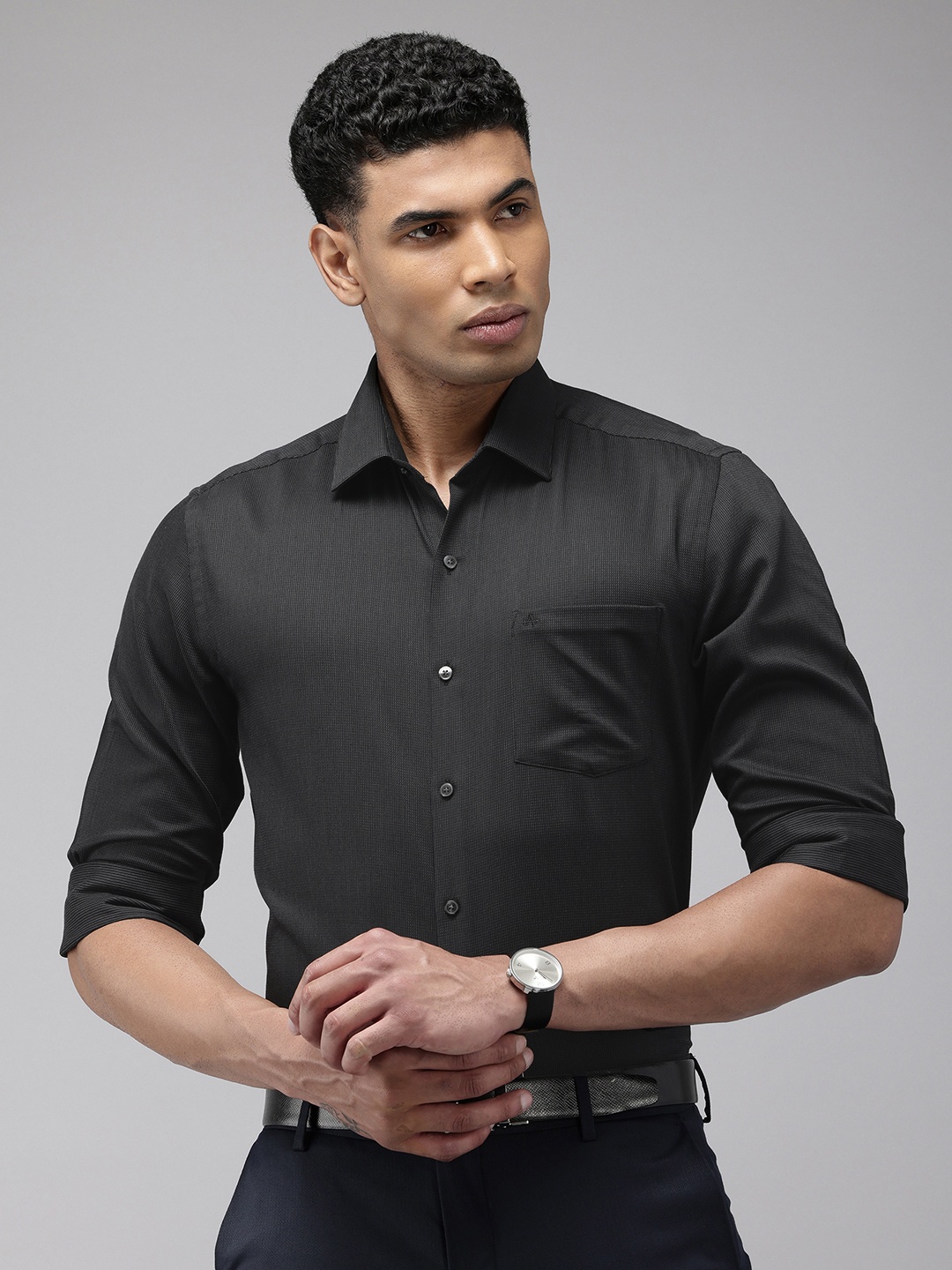 

Arrow Self Design Manhattan Slim Fit Opaque Pure Cotton Formal Shirt, Black