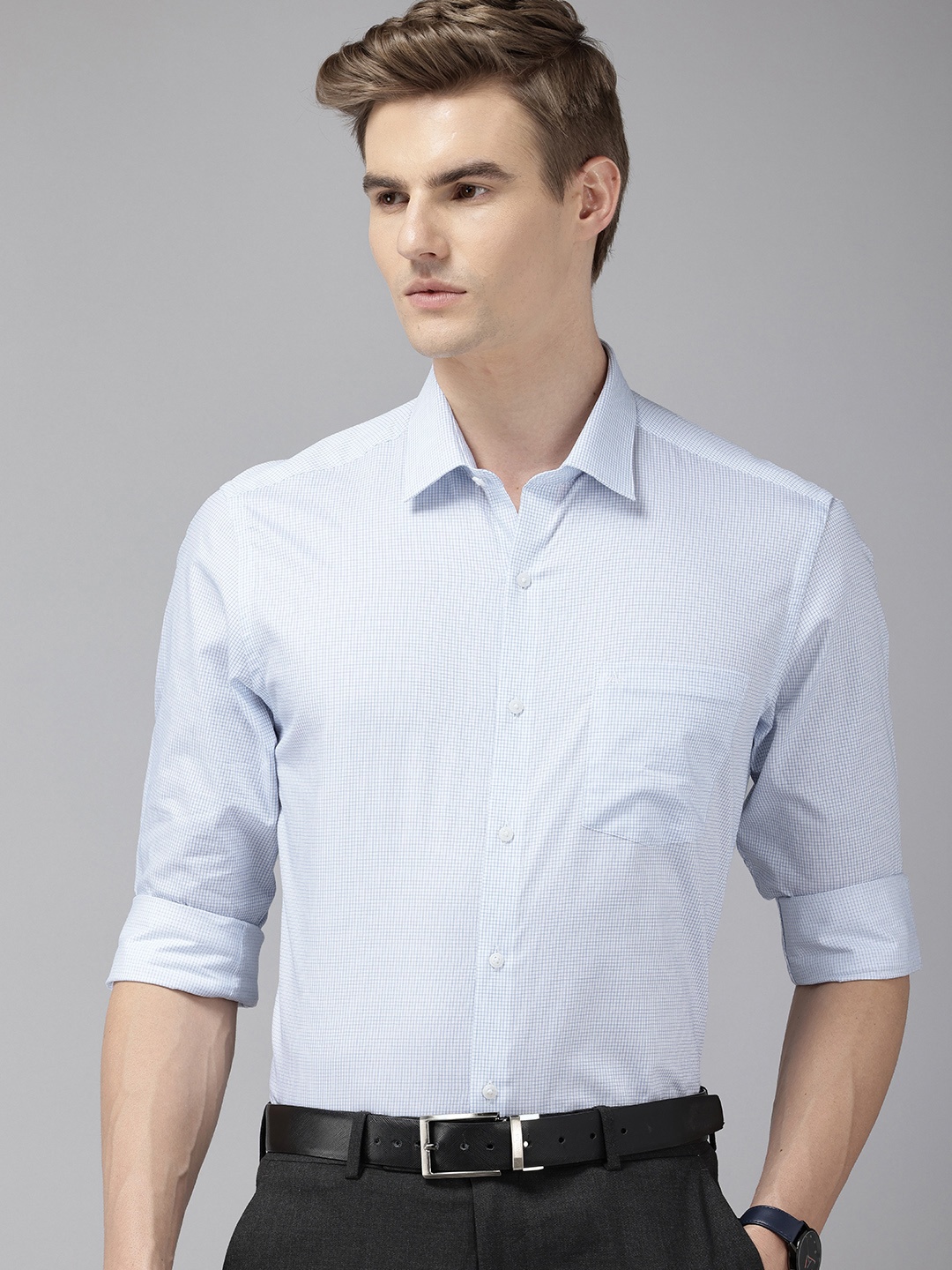 

Arrow Manhattan Slim Fit Checked Pure Cotton Formal Shirt, Blue