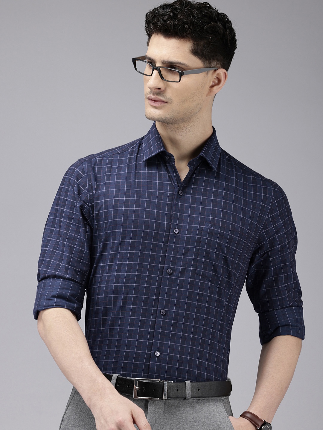

Arrow Manhattan Slim Fit Opaque Checked Pure Cotton Formal Shirt, Navy blue