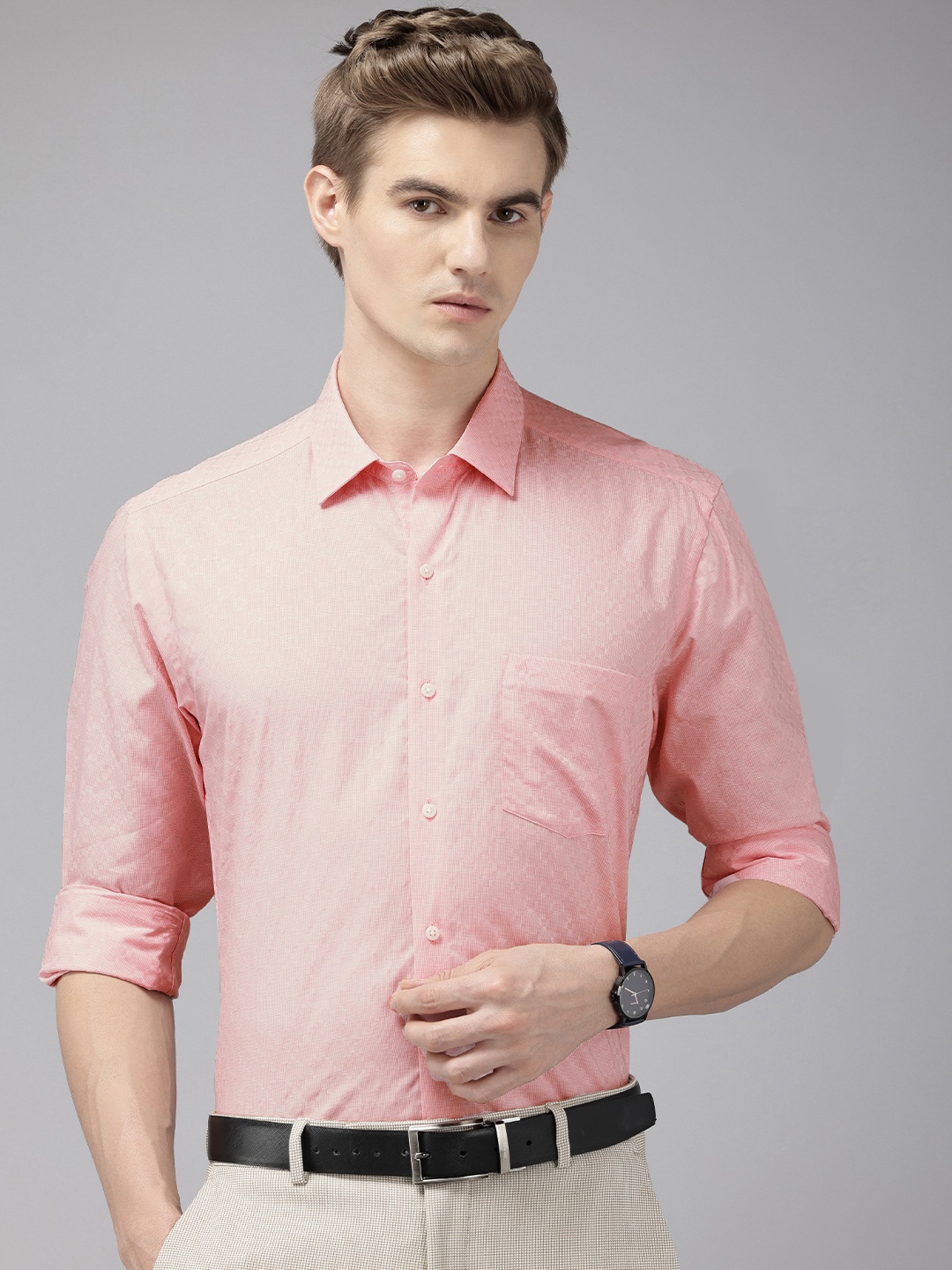 

Arrow Manhattan Slim Fit Geometric Self Design Pure Cotton Formal Shirt, Pink