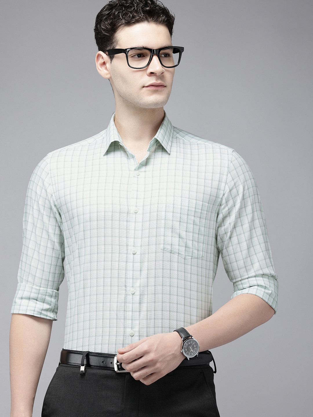 

Arrow Manhattan Slim Fit Opaque Checked Pure Cotton Formal Shirt, Green